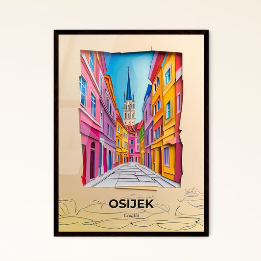 Vivid Osijek , Croatia - a street with a church steeple in the background