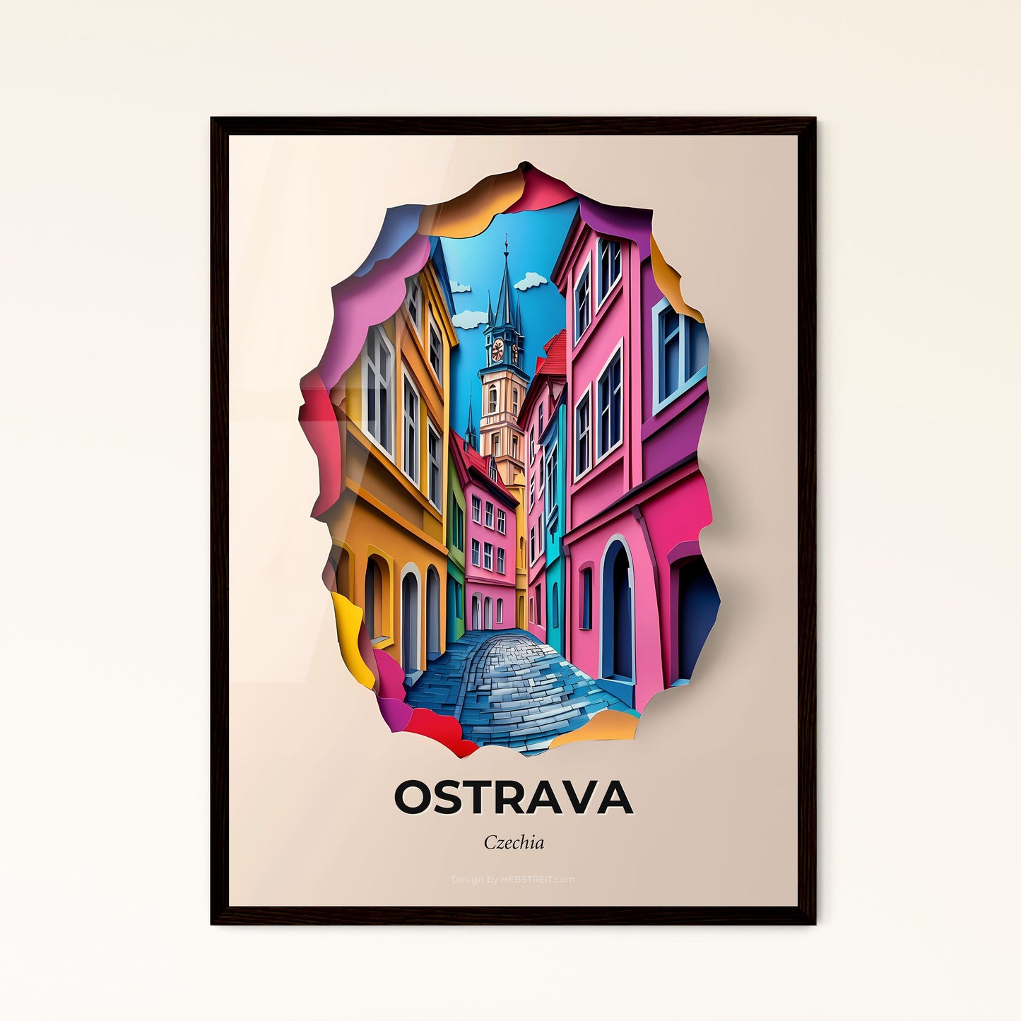 Vivid Ostrava, Czechia - a colorful city street with a clock tower in the background