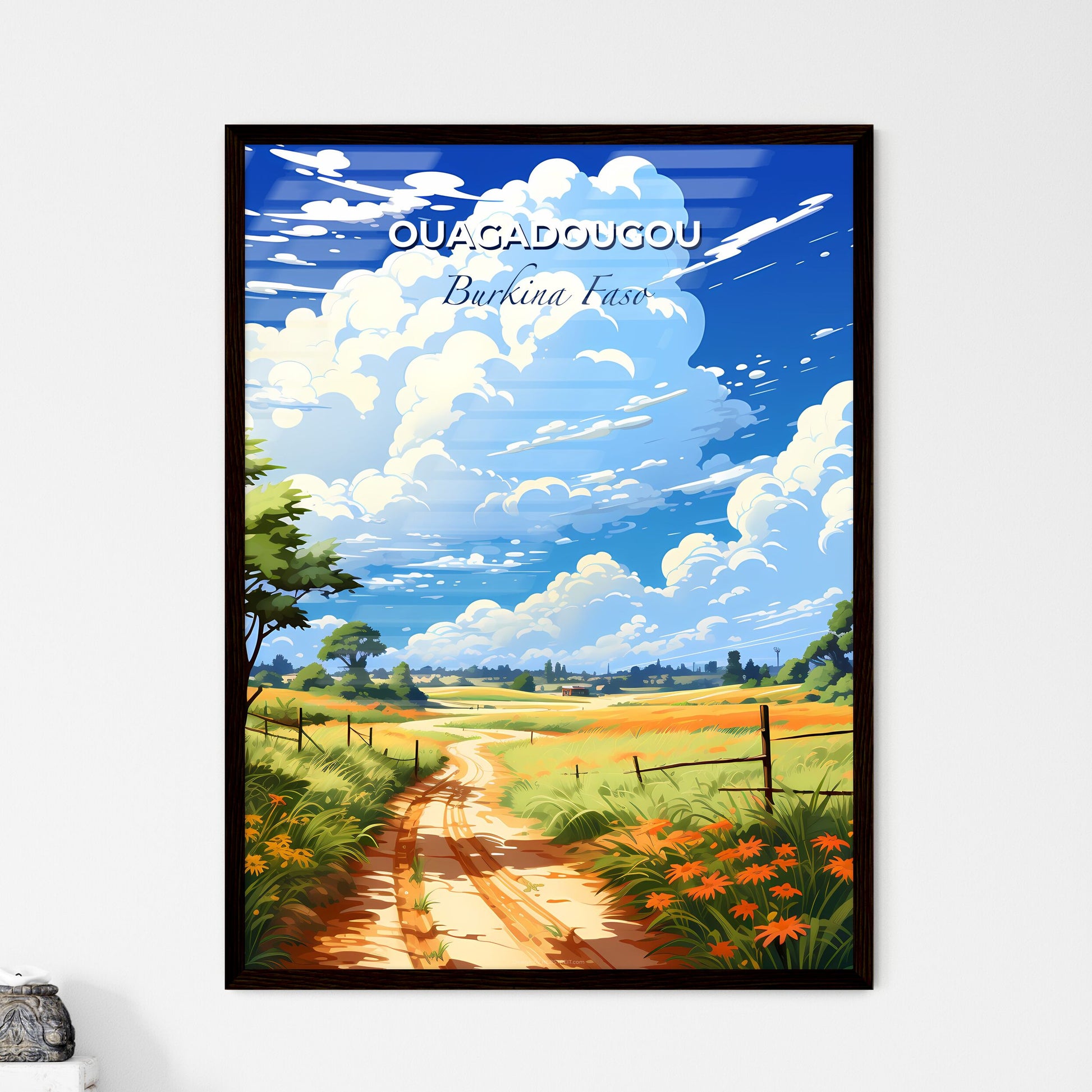 Colorful Hand-Painted Burkina Faso Landscape with Dirt Road Field Trees Flowers Default Title