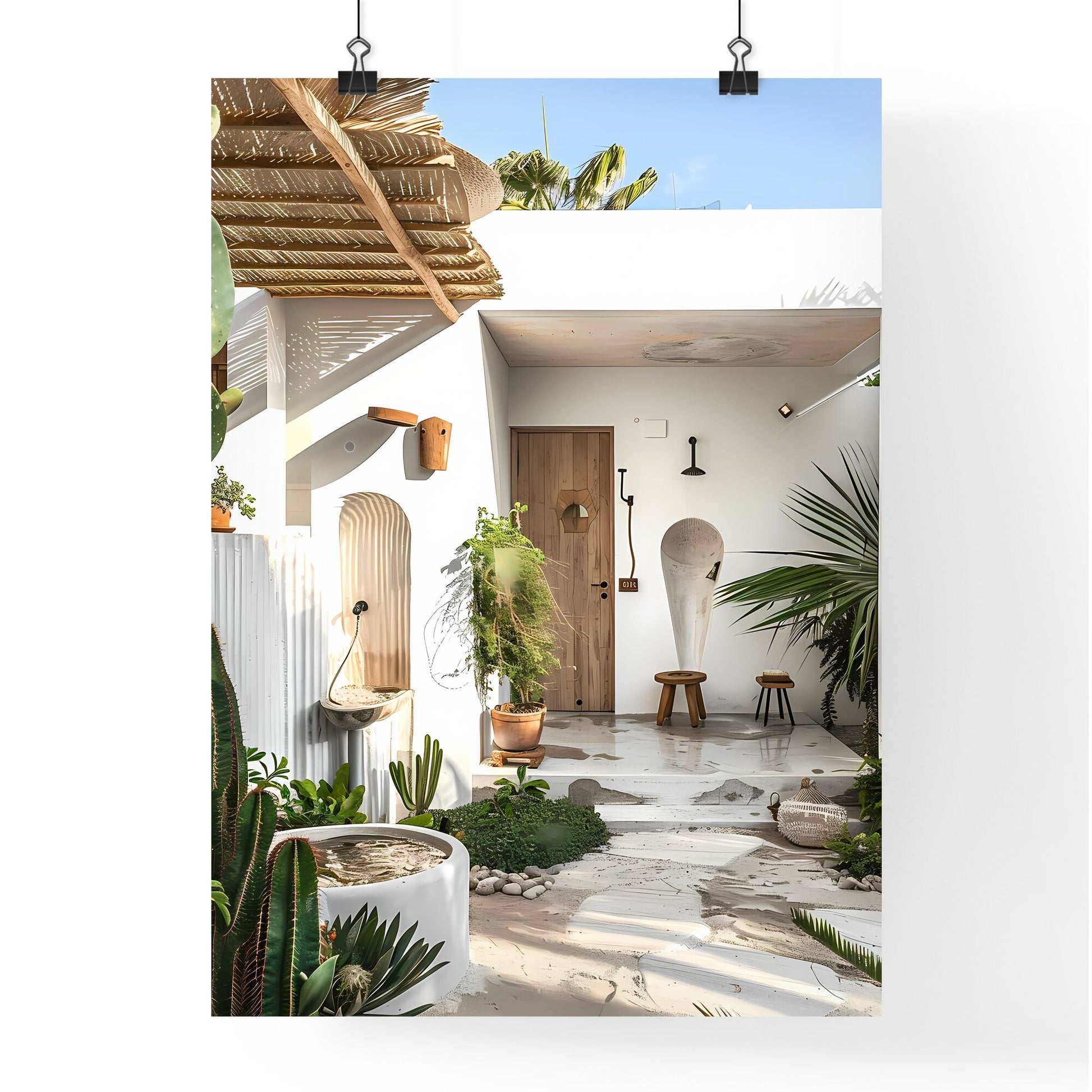 Minimalist Outdoor Garden Oasis | White Walls | Wood Accents | Tropical Plants | Cacti | Beige Beach House | Golden Hour | Architectural Photography | Art Focus Default Title
