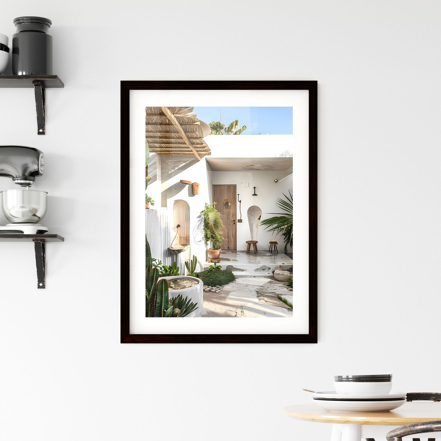Minimalist Outdoor Garden Oasis | White Walls | Wood Accents | Tropical Plants | Cacti | Beige Beach House | Golden Hour | Architectural Photography | Art Focus Default Title