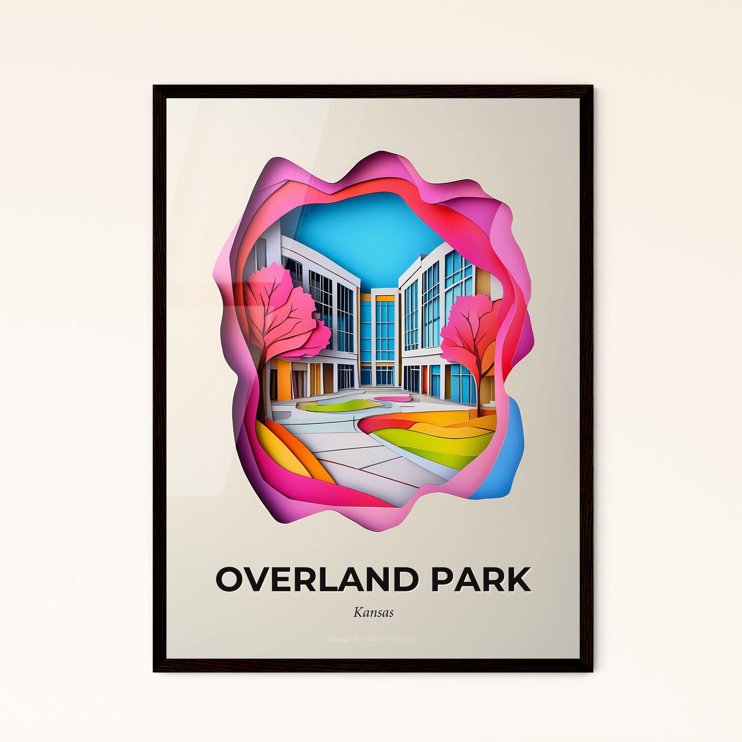 Vivid Overland Park, Kansas - a colorful paper cut of a building and trees