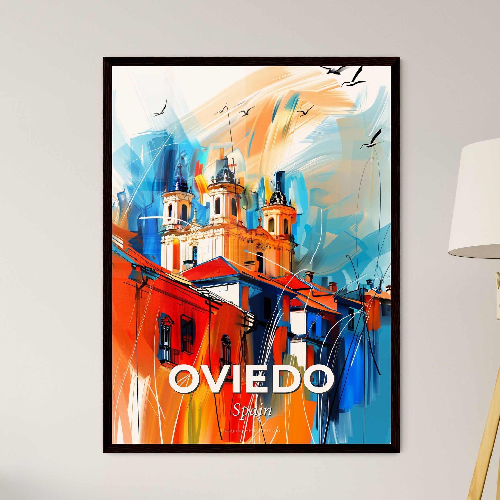 Vibrant Oviedo, Spain - A Painting Of A Building With A Castle On Top