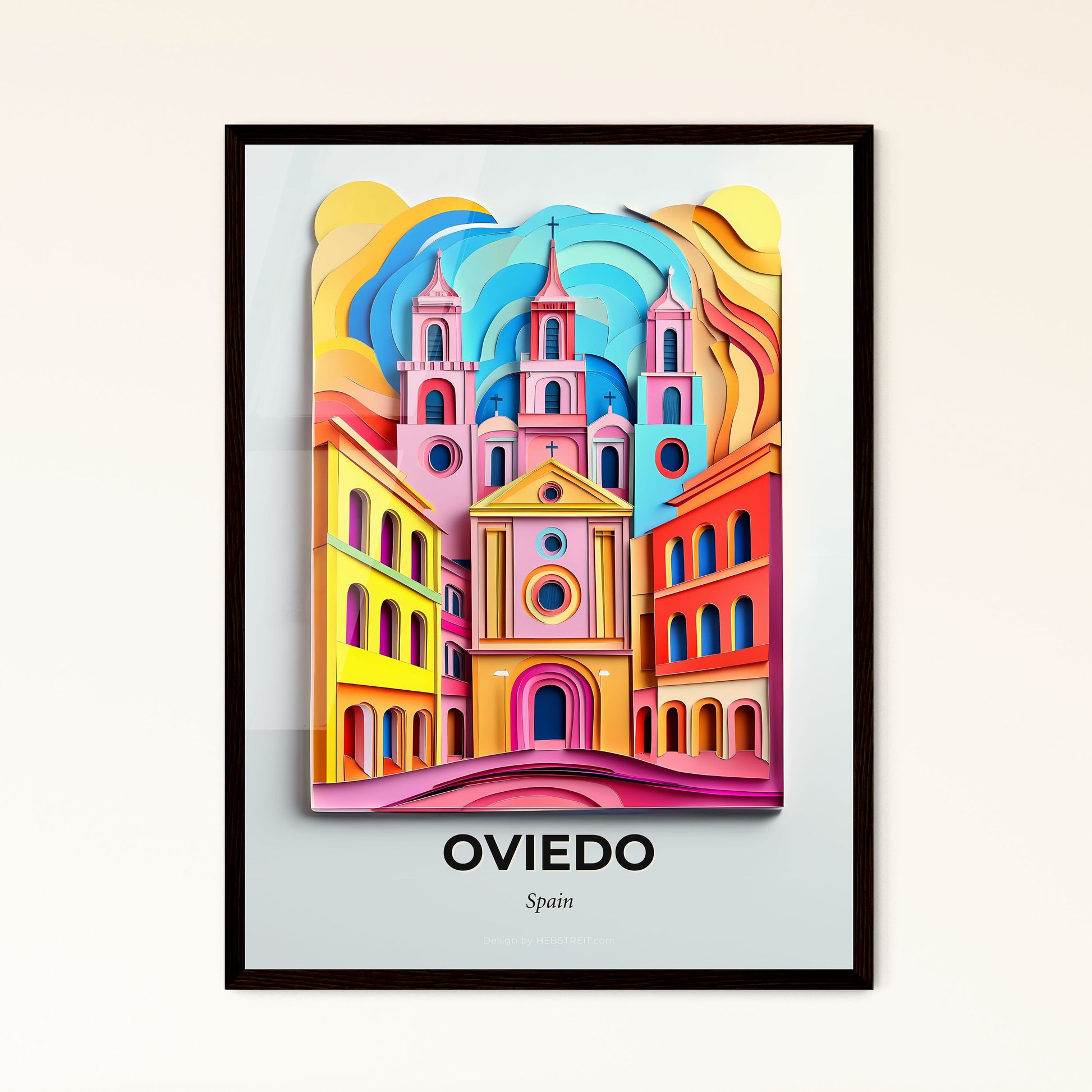 Vivid Oviedo, Spain - a colorful city with a church and a rainbow sky