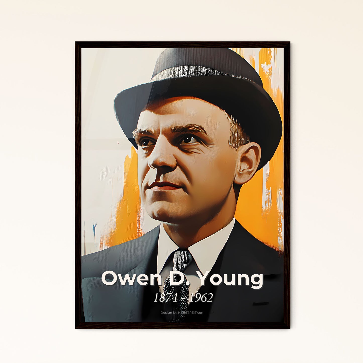 Portrait of Owen D. Young, 1874 - 1962. Impressionistic painting of a man in a suit and hat.