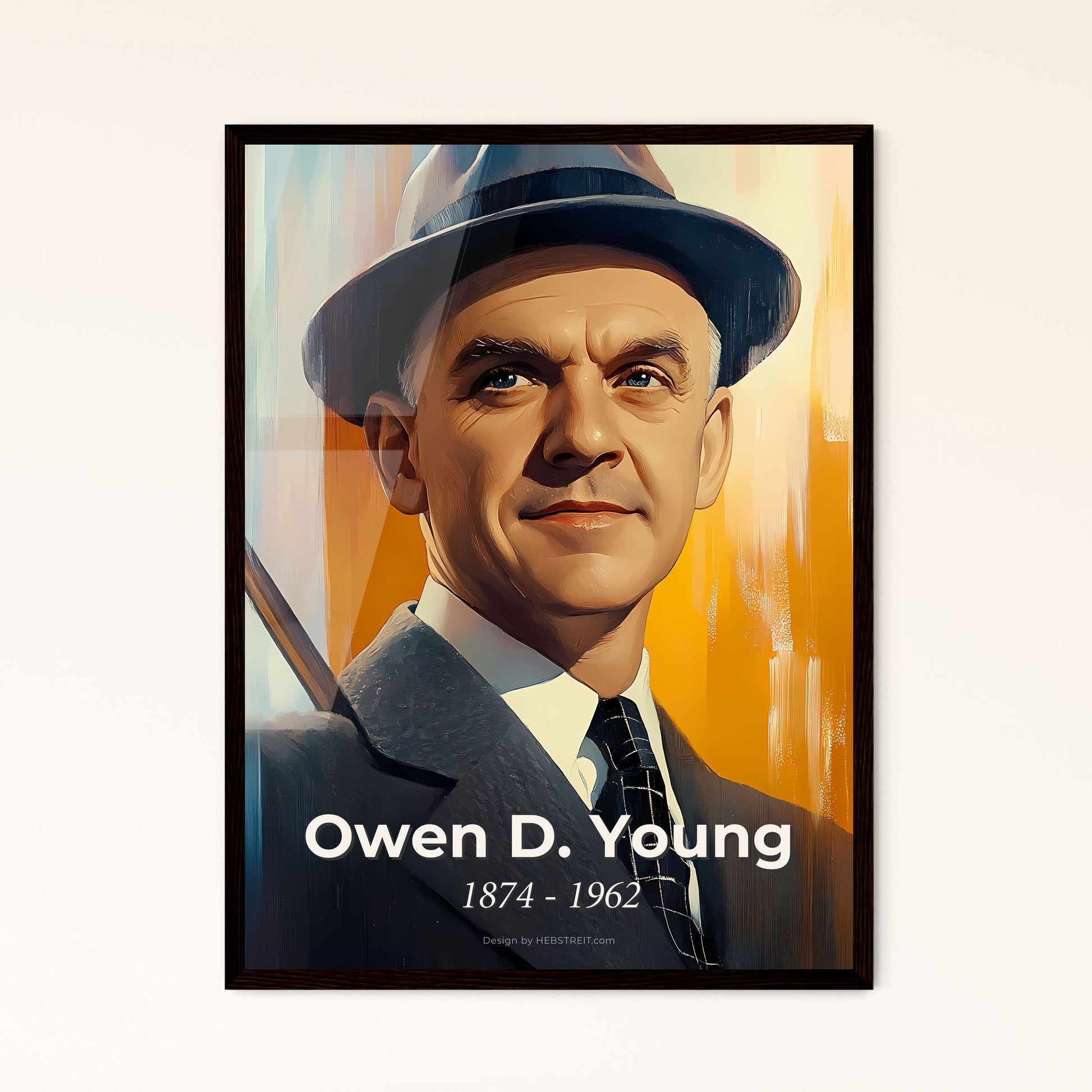 Portrait of Owen D. Young, 1874 - 1962. Impressionistic painting of a man in a suit and hat.