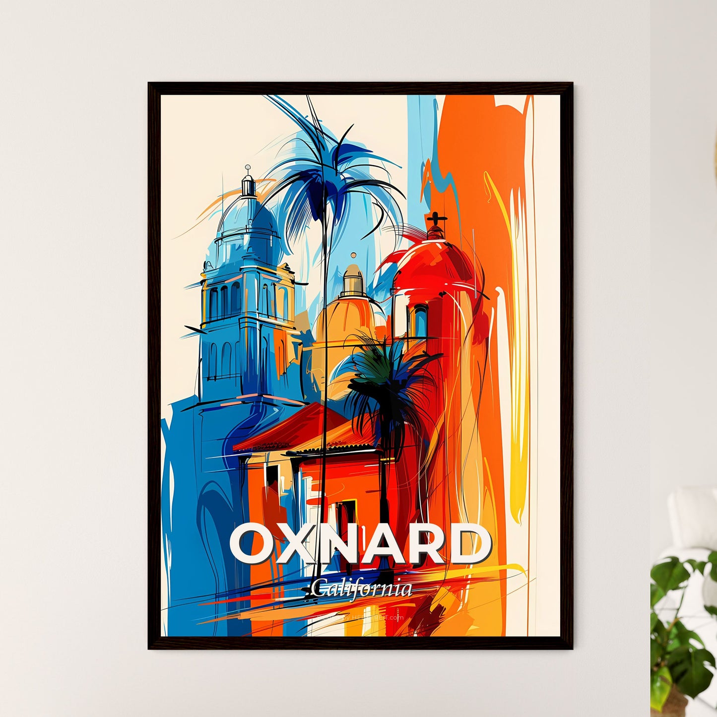 Vibrant Oxnard, California - A Painting Of Buildings And Palm Trees