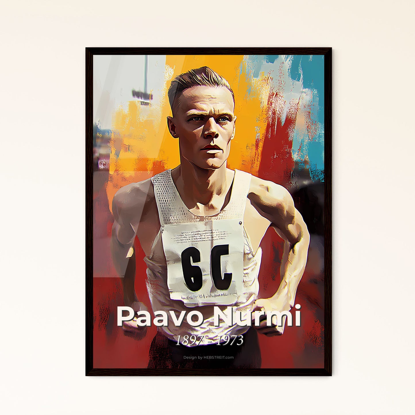 Portrait of Paavo Nurmi, 1897 - 1973. Impressionistic painting of a man running with a number on his chest.