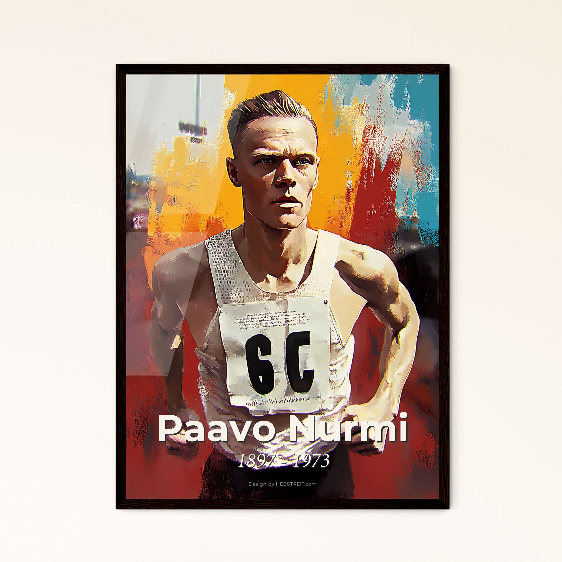 Portrait of Paavo Nurmi, 1897 - 1973. Impressionistic painting of a man running with a number on his chest.