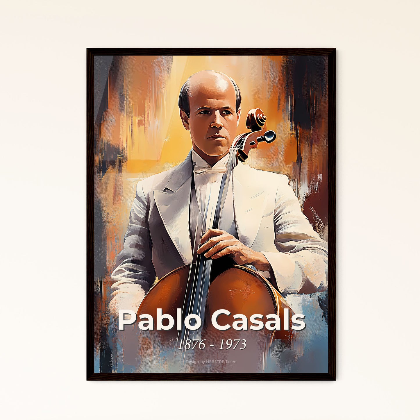 Portrait of Pablo Casals, 1876 - 1973. Impressionistic painting of a man in a white suit holding a cello.