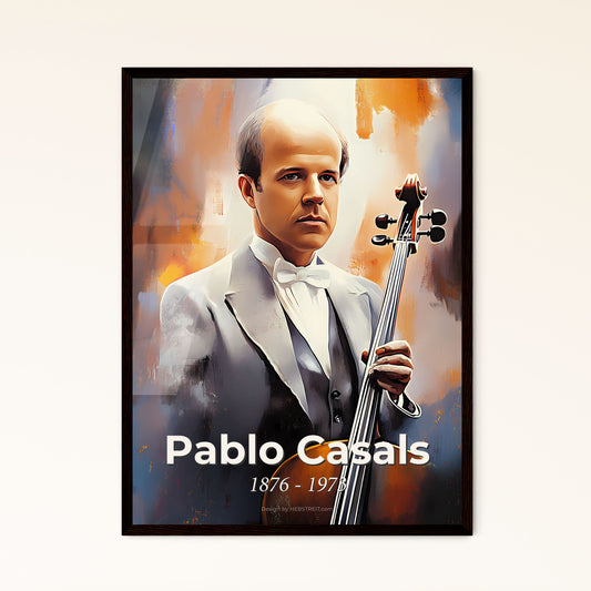 Portrait of Pablo Casals, 1876 - 1973. Impressionistic painting of a man holding a cello.