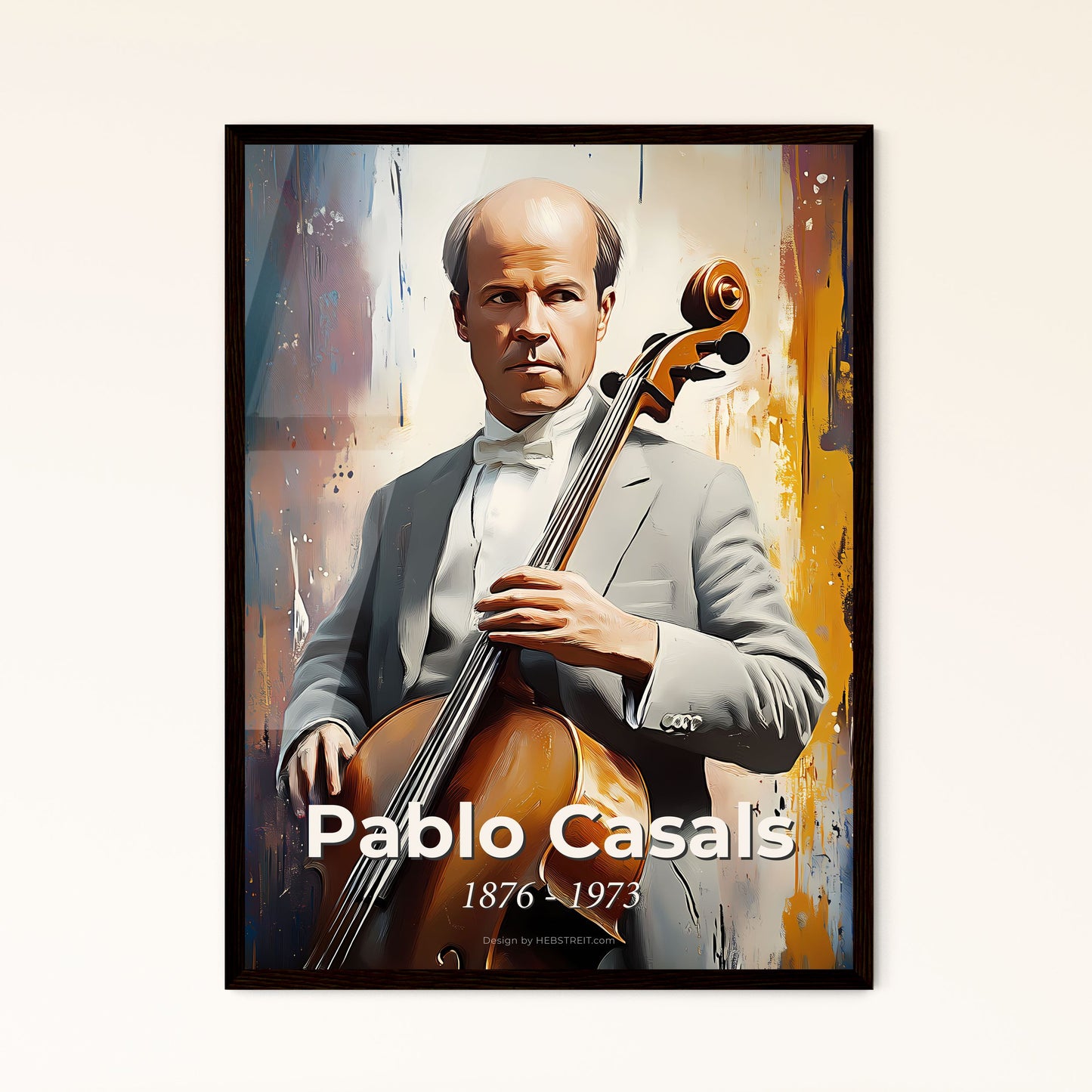 Portrait of Pablo Casals, 1876 - 1973. Impressionistic painting of a man holding a cello.