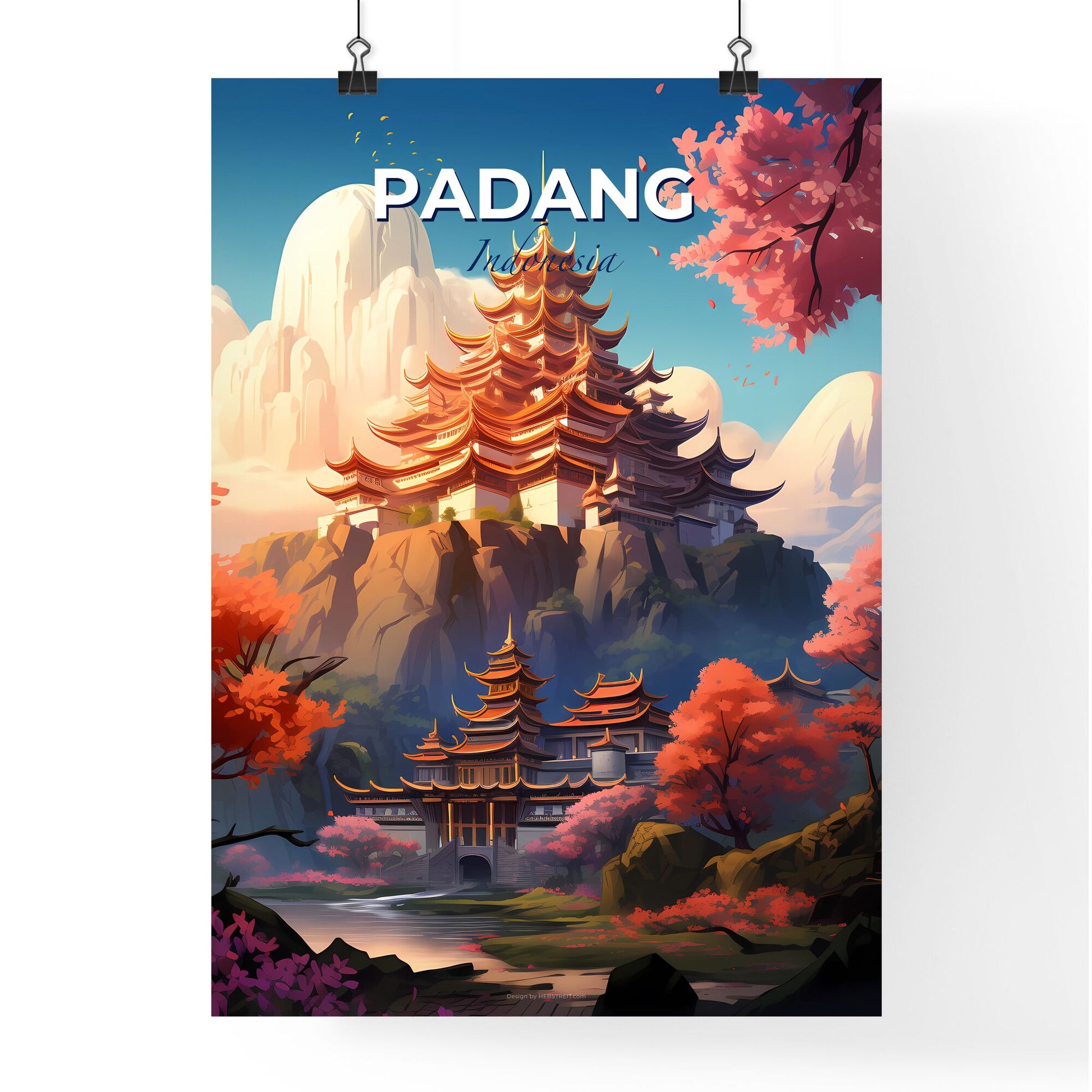 Vibrant Artistic Painting of Padang Indonesia Skyline | Hillside Building | Trees | Mountains Default Title