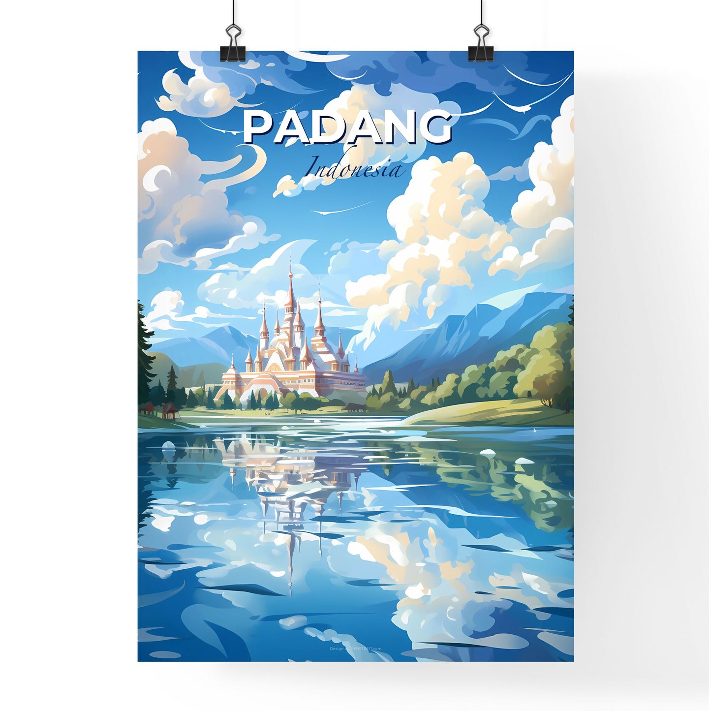 Colorful Artwork of a Lakeside Castle Skyline | Unique Indonesian Art | Abstract Cityscape Painting | Digital Print for Wall Decor Default Title