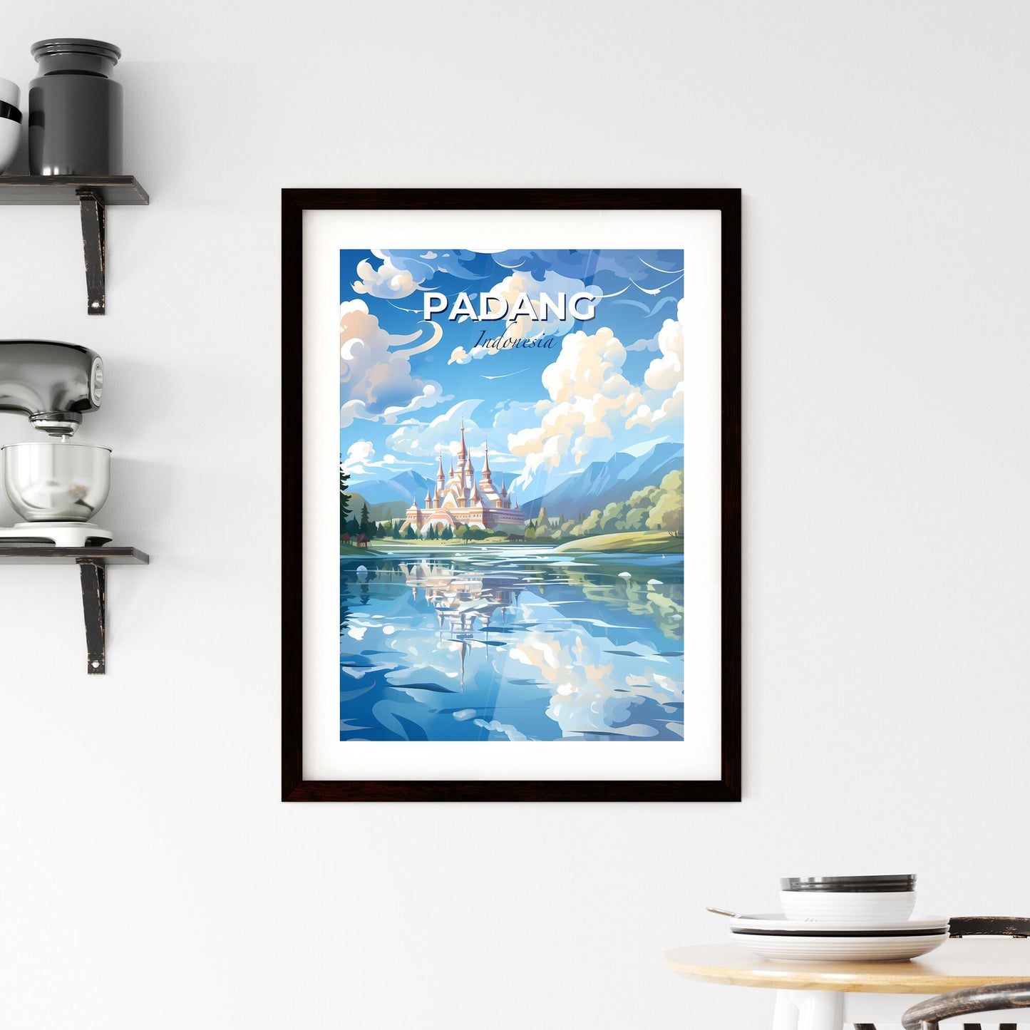 Colorful Artwork of a Lakeside Castle Skyline | Unique Indonesian Art | Abstract Cityscape Painting | Digital Print for Wall Decor Default Title