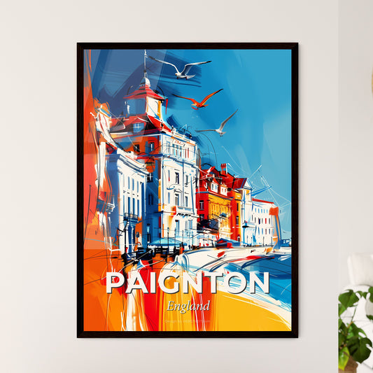 Vibrant Paignton, England - A Painting Of A Beach With Buildings And Birds Flying