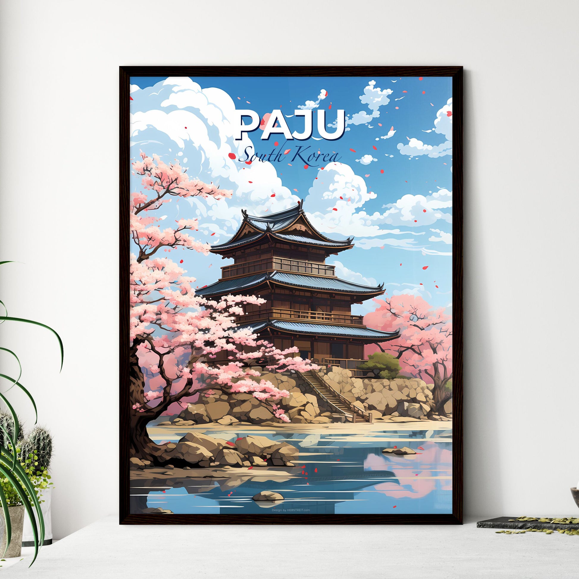Colorful Korean Artwork of a Building on a Hill with Pink Trees and Water Default Title