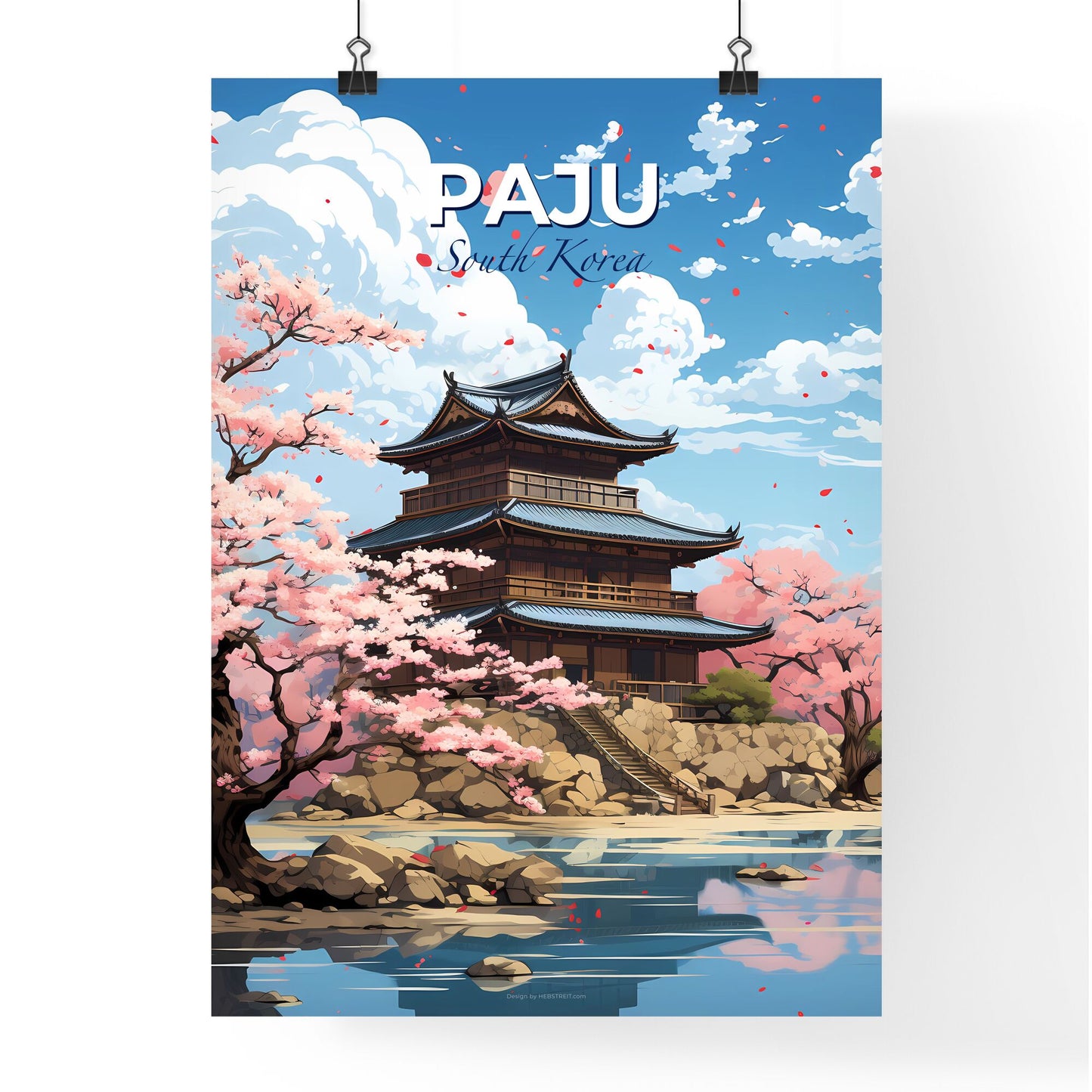 Colorful Korean Artwork of a Building on a Hill with Pink Trees and Water Default Title