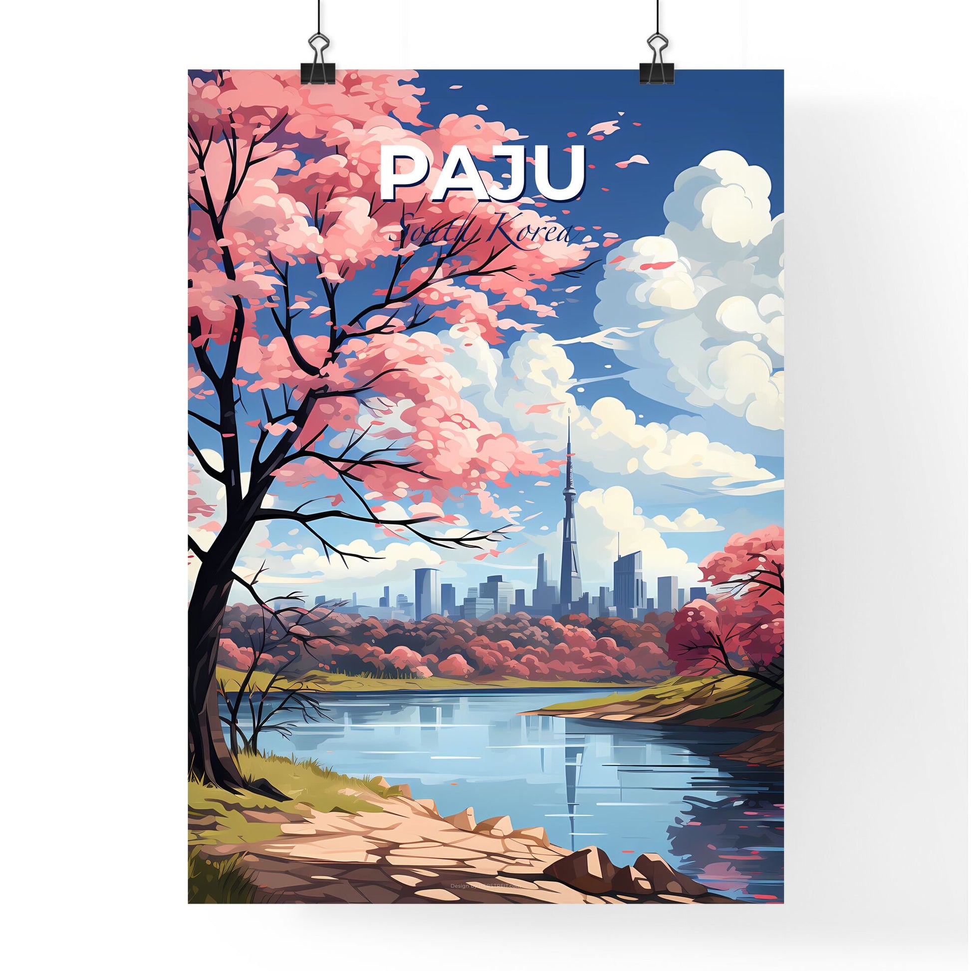 Paju South Korea Skyline Impressionistic Art Pink Trees Riverfront Painting Default Title