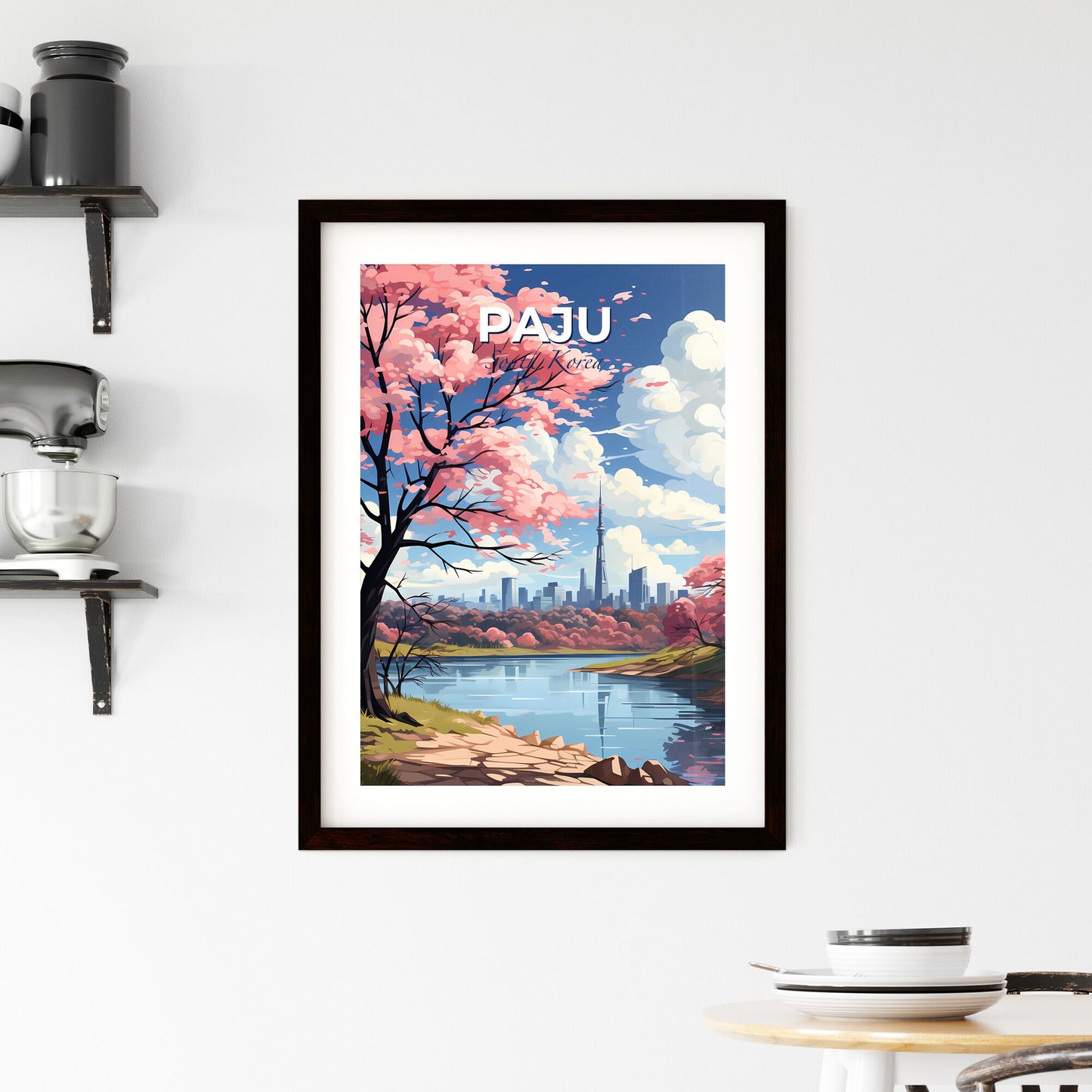 Paju South Korea Skyline Impressionistic Art Pink Trees Riverfront Painting Default Title