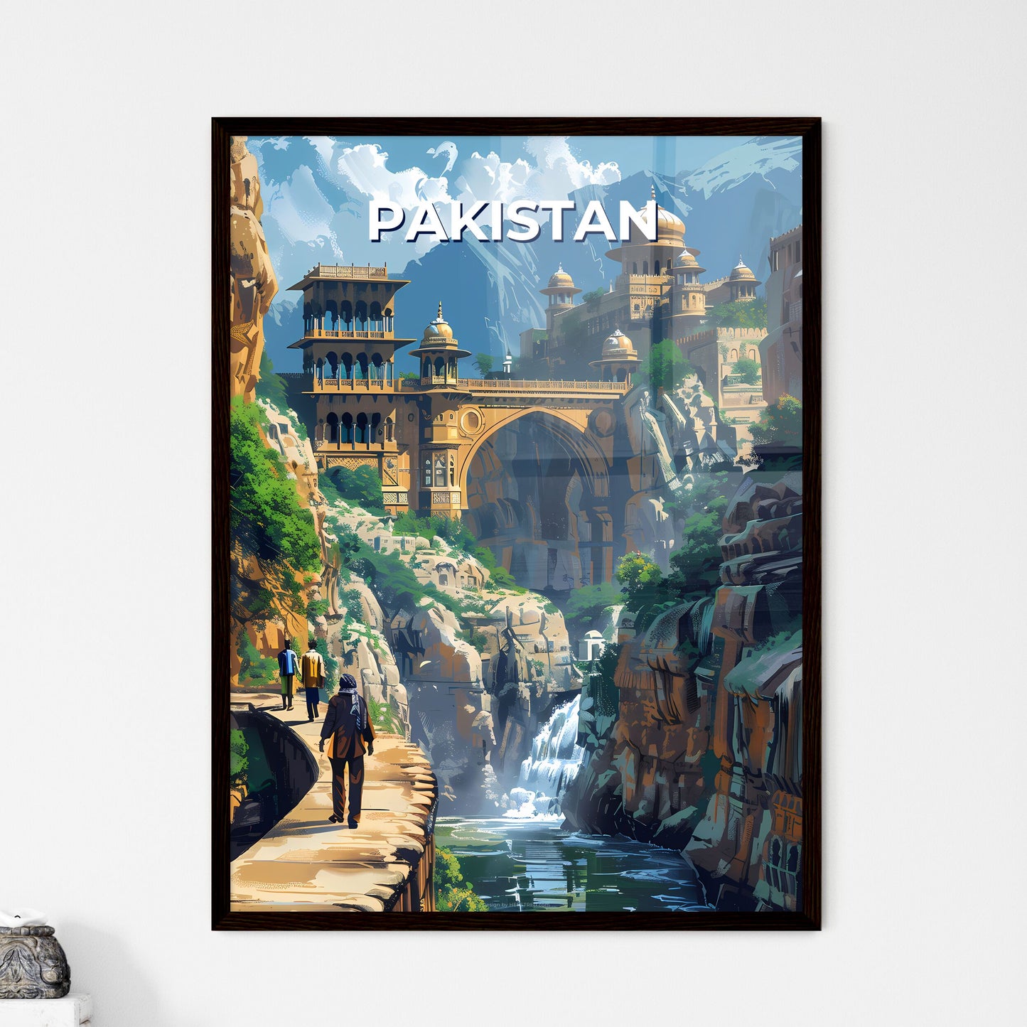 Vibrant Pakistani River Bridge Painting Featuring Ancient Castle