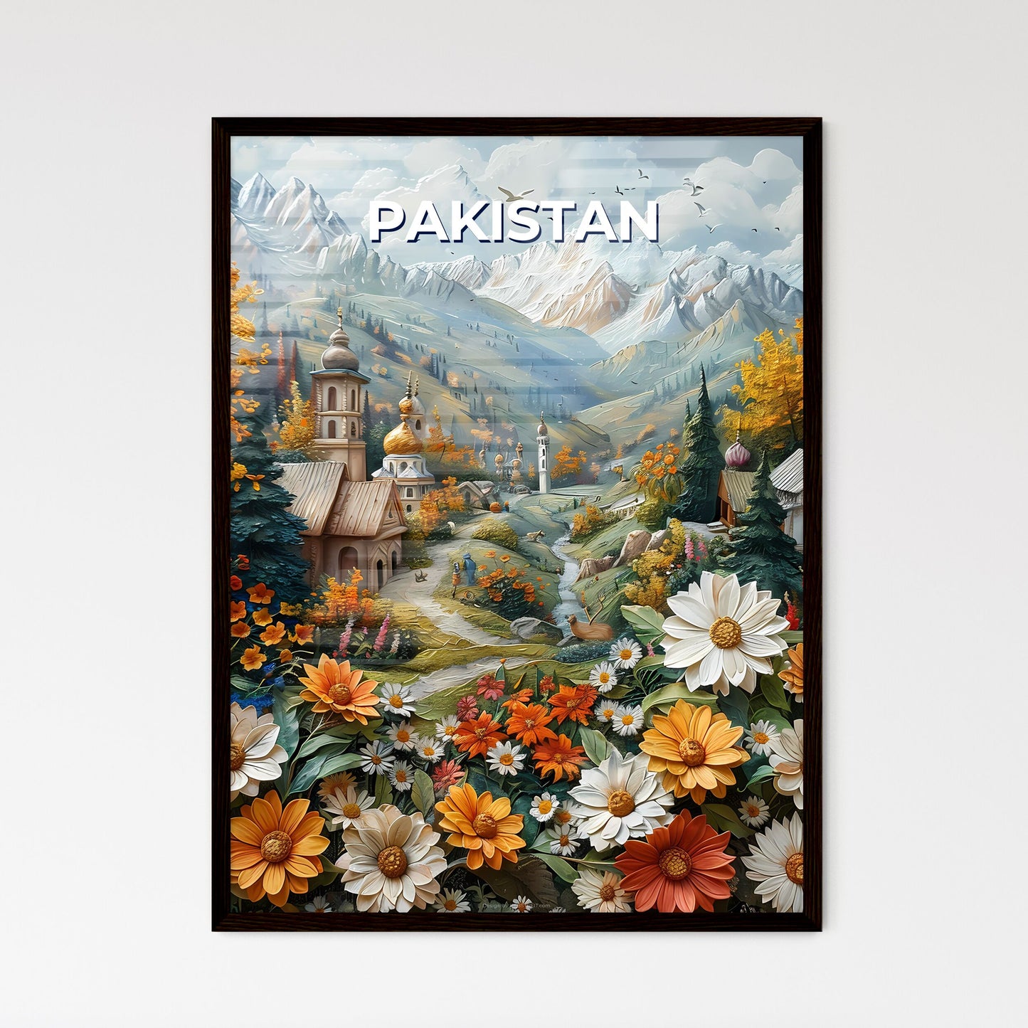 Painting of Colorful Village Nestled Amidst Blooming Flowers in South Asia, Pakistan