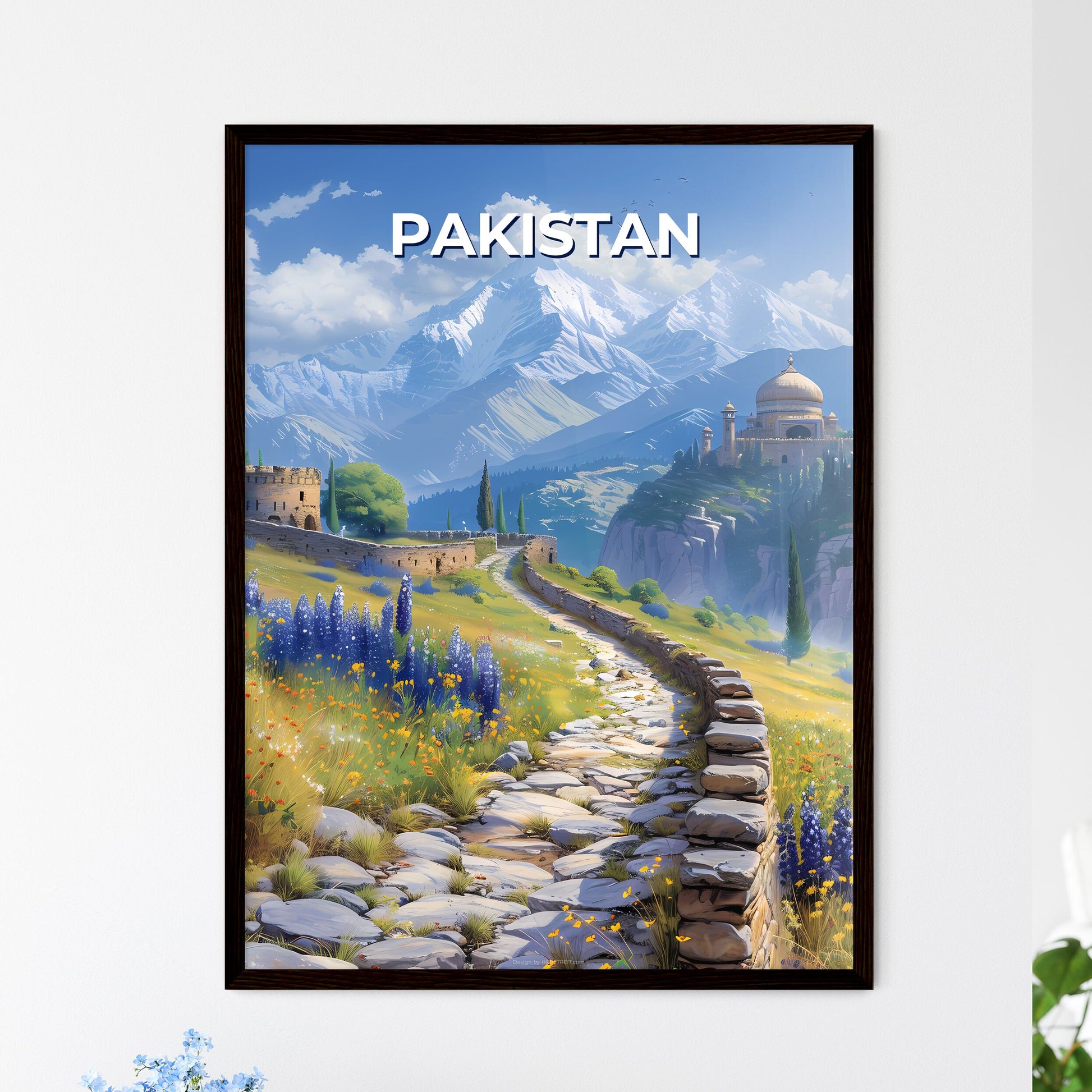 Vibrant Pakistani Painting Showcases Colorful Stone Path Leading to Mountainous Landscape