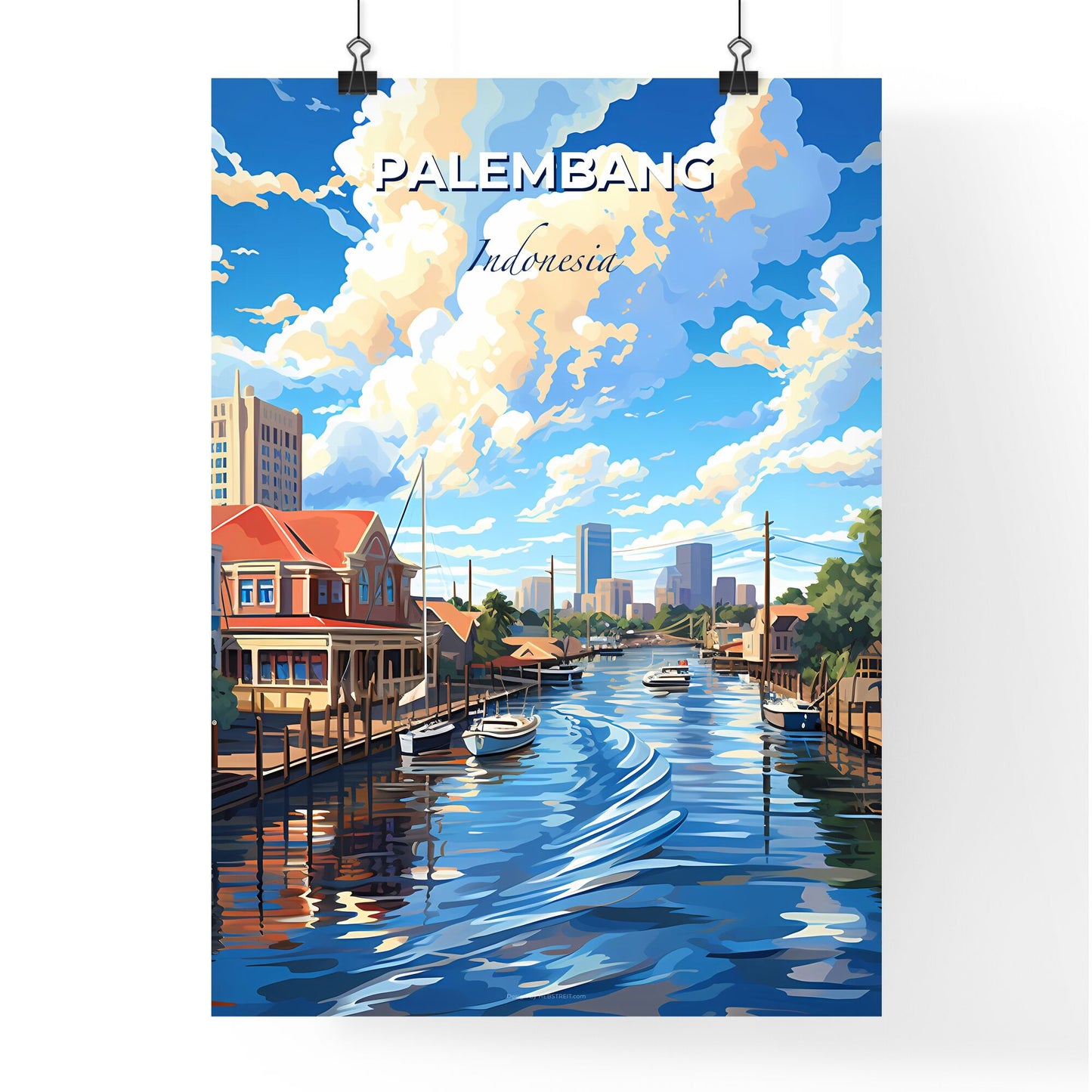 Palembang Indonesia Skyline by your name, colorful digital painting of a vibrant city with a focus on the art aspect Default Title