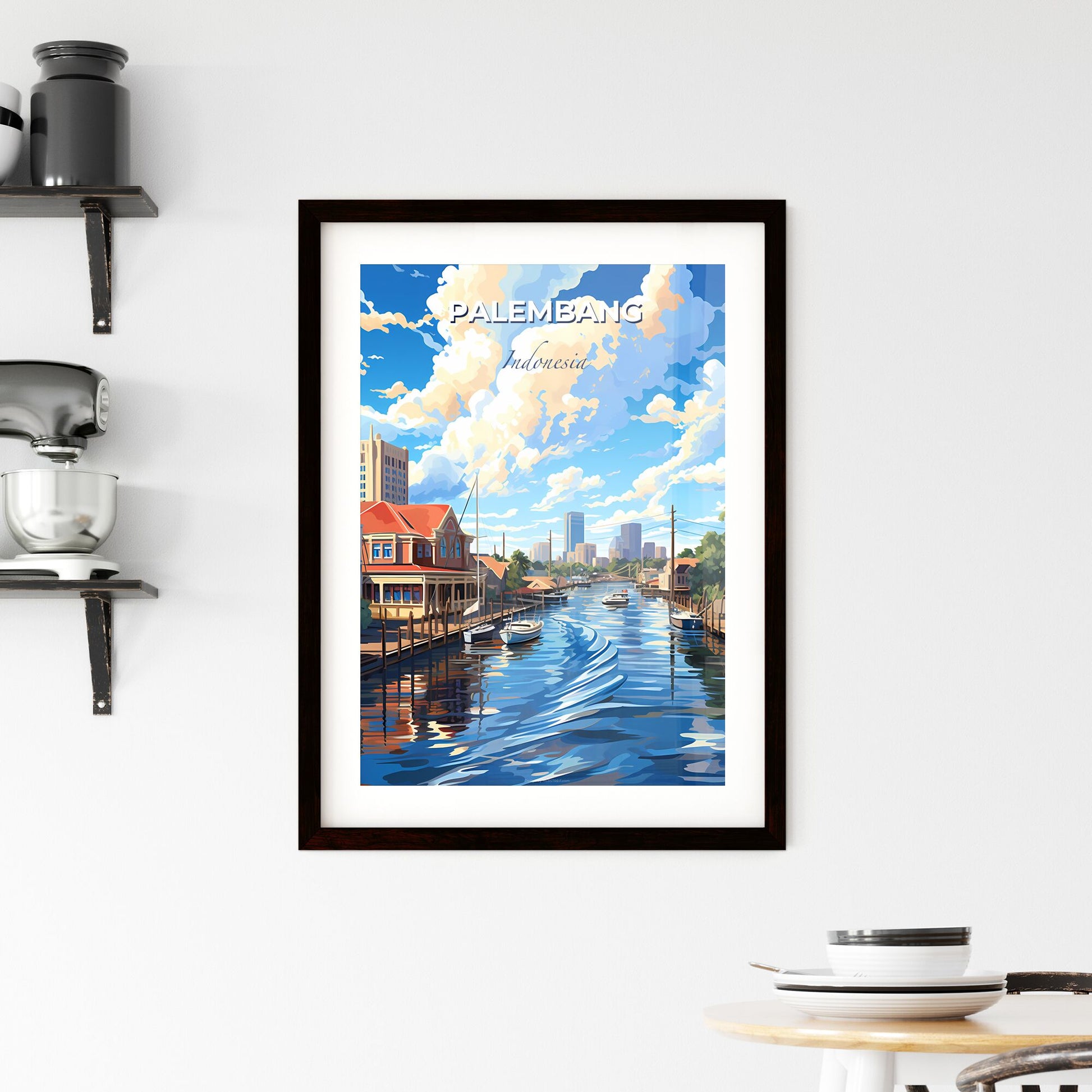 Palembang Indonesia Skyline by your name, colorful digital painting of a vibrant city with a focus on the art aspect Default Title