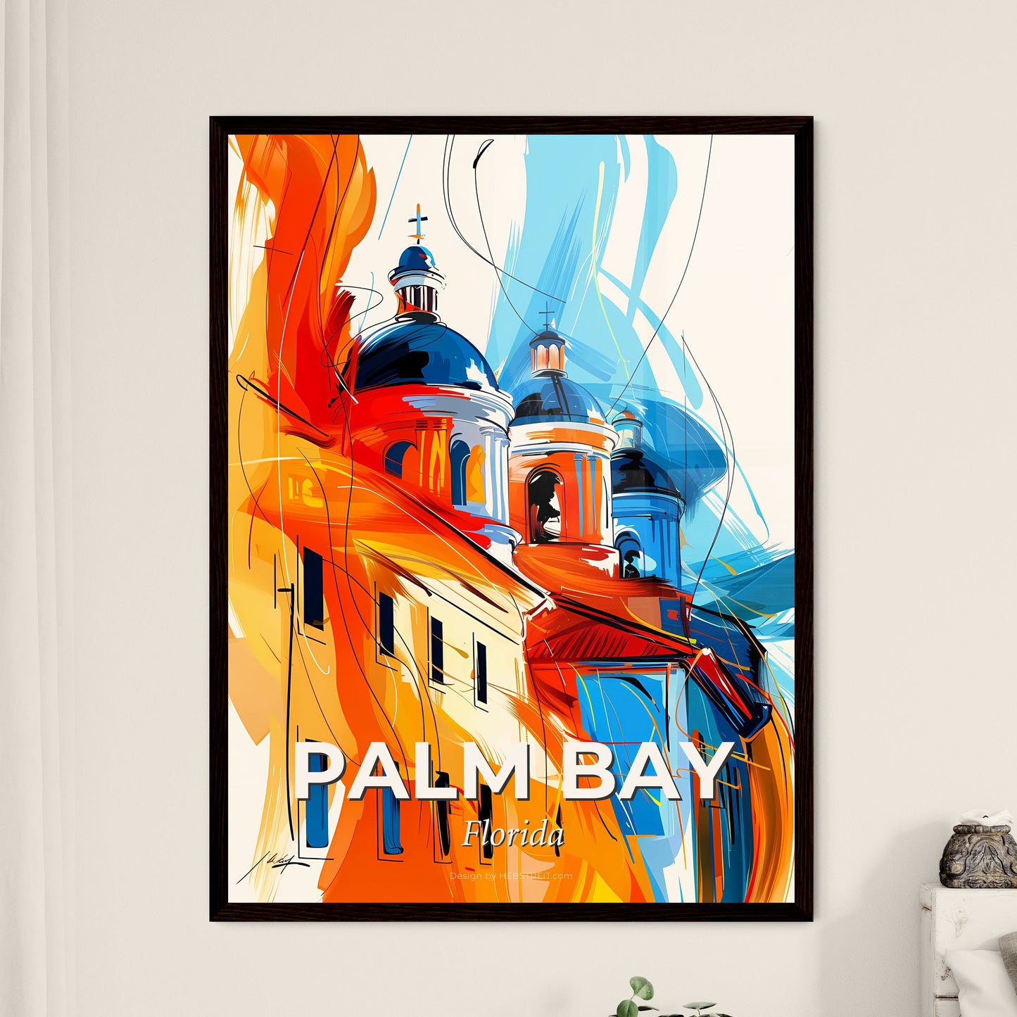 Vibrant Palm Bay, Florida - A Painting Of A Building With A Blue And Orange Roof