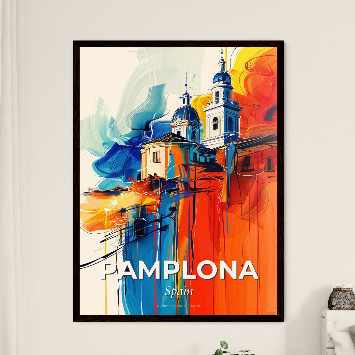 Vibrant Pamplona, Spain - A Painting Of A Building With A Colorful Background