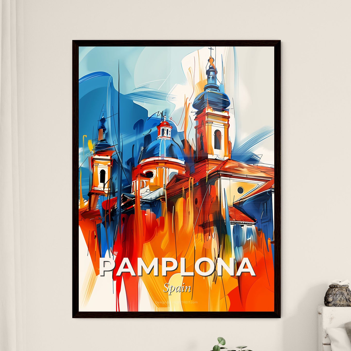 Vibrant Pamplona, Spain - A Painting Of A Building With A Colorful Background