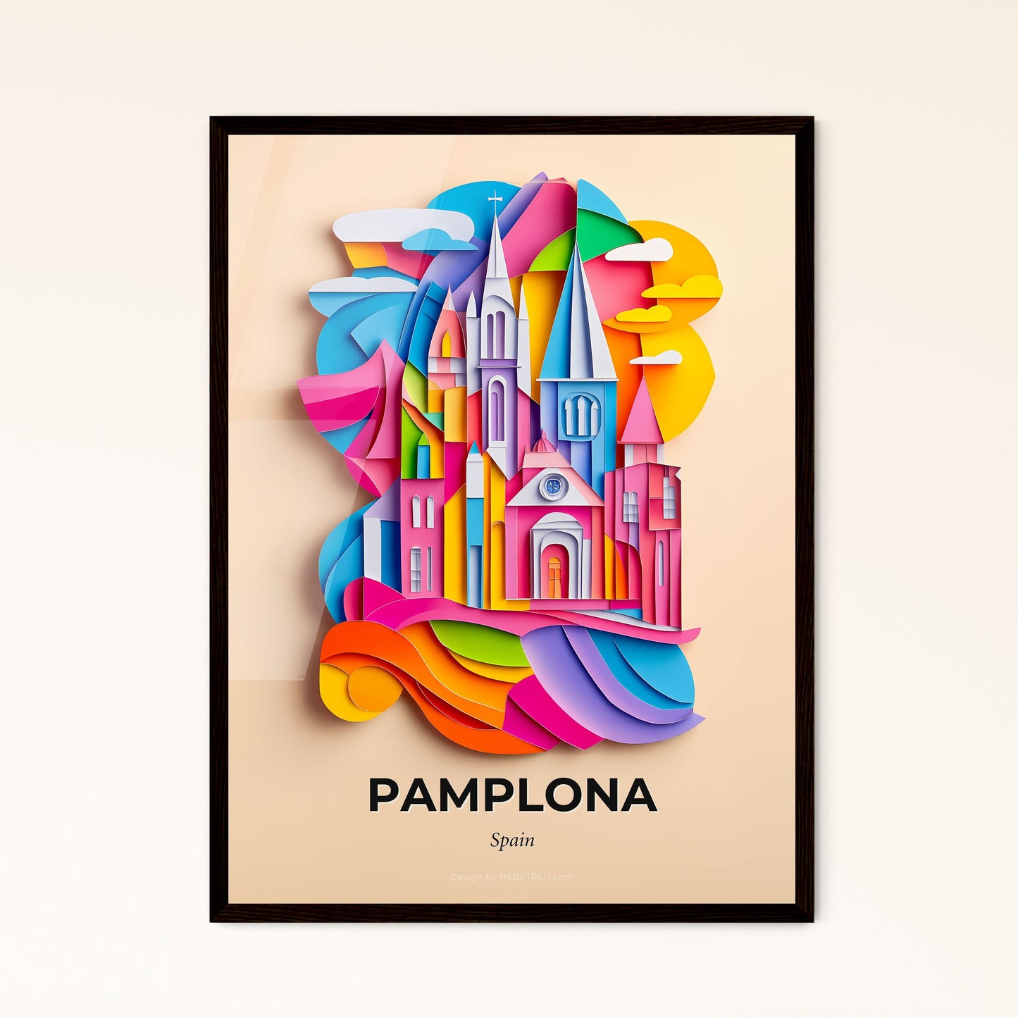 Vivid Pamplona, Spain - a colorful paper cut of a church and a wave