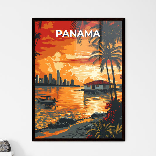 Vibrant Panama Sunset: Artistic Boat and City Silhouette at Water's Edge, North America Framed Art