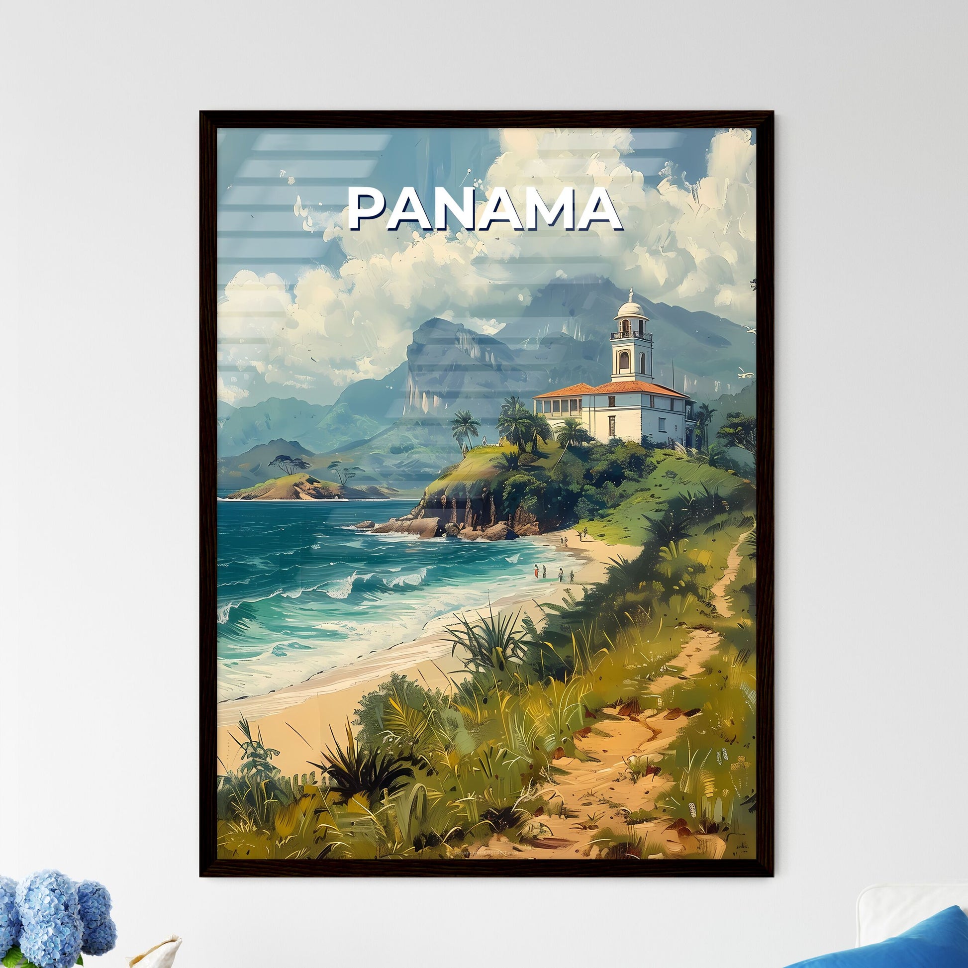Colorful Expressionistic Painting of Beachfront Architecture in Panama, North America Framed Art
