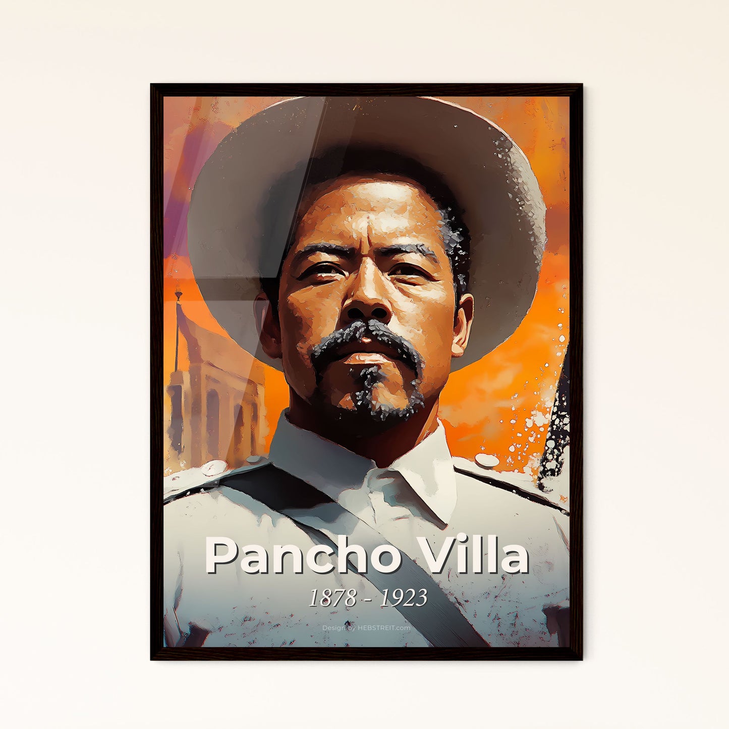 Portrait of Pancho Villa, 1878 - 1923. Impressionistic painting of a man in a hat and a white shirt.