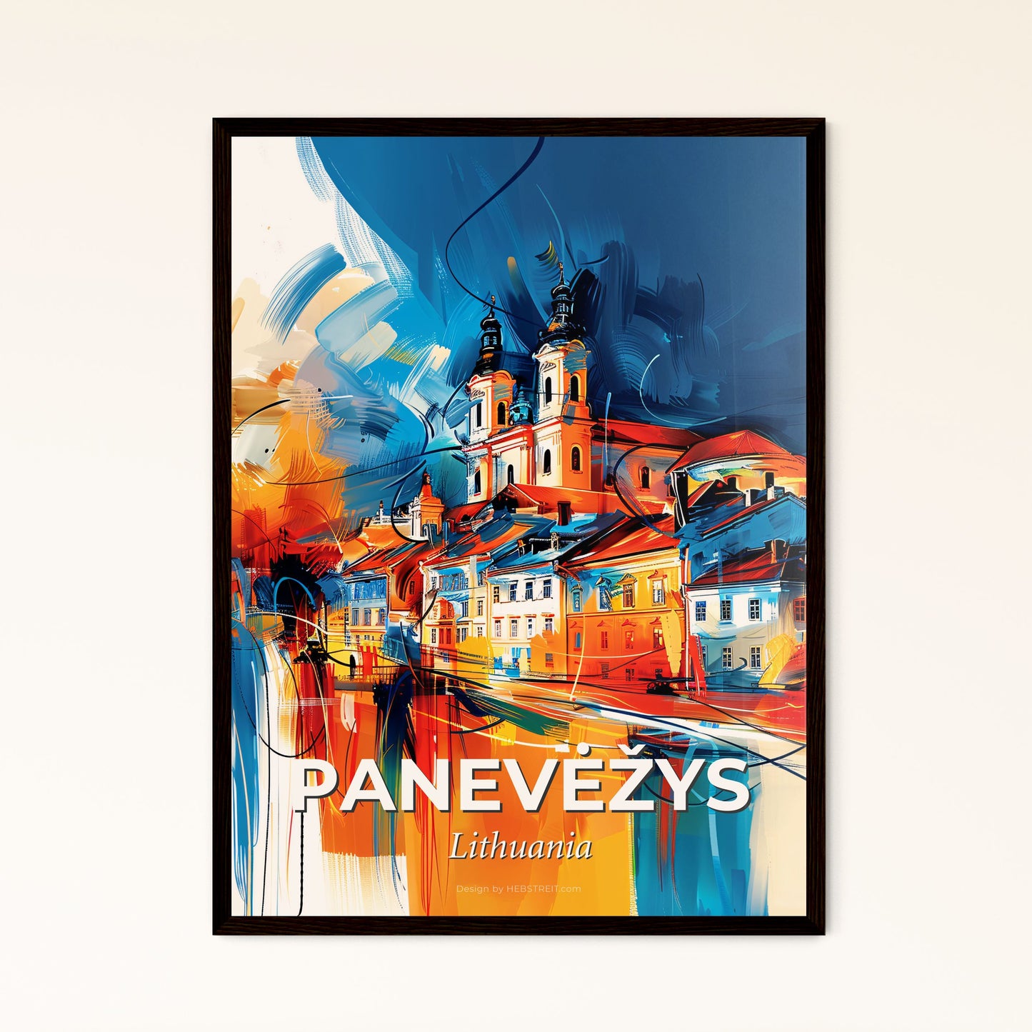 Vibrant Panevėžys, Lithuania - A Painting Of A Building With Towers And A River