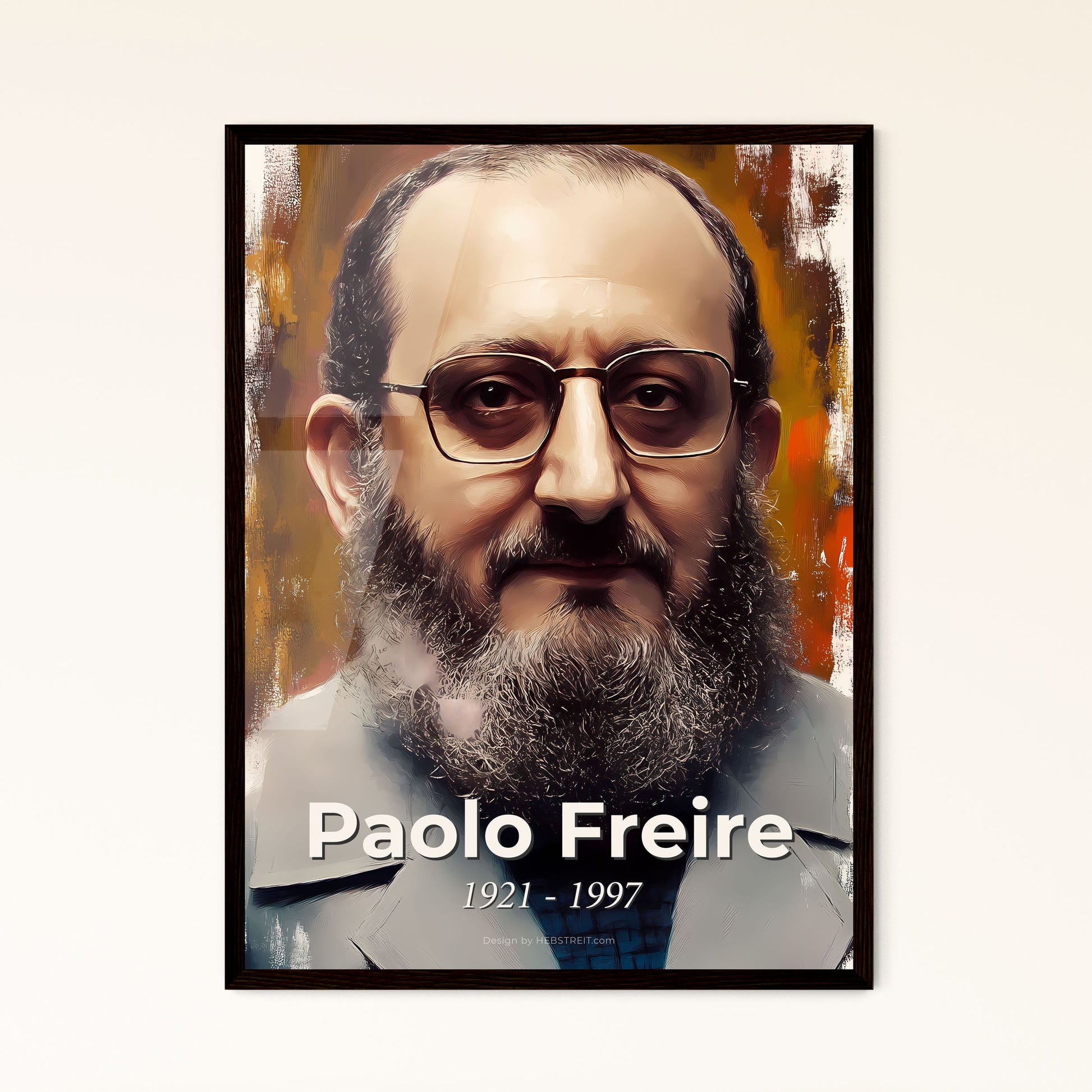 Portrait of Paolo Freire, 1921 - 1997. Impressionistic painting of a man with a beard and glasses.