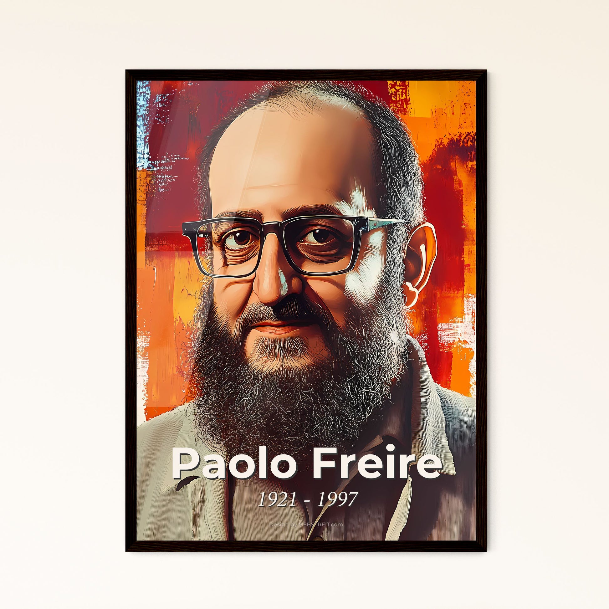 Portrait of Paolo Freire, 1921 - 1997. Impressionistic painting of a man with a beard and glasses.