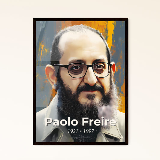 Portrait of Paolo Freire, 1921 - 1997. Impressionistic painting of a man with a beard and glasses.