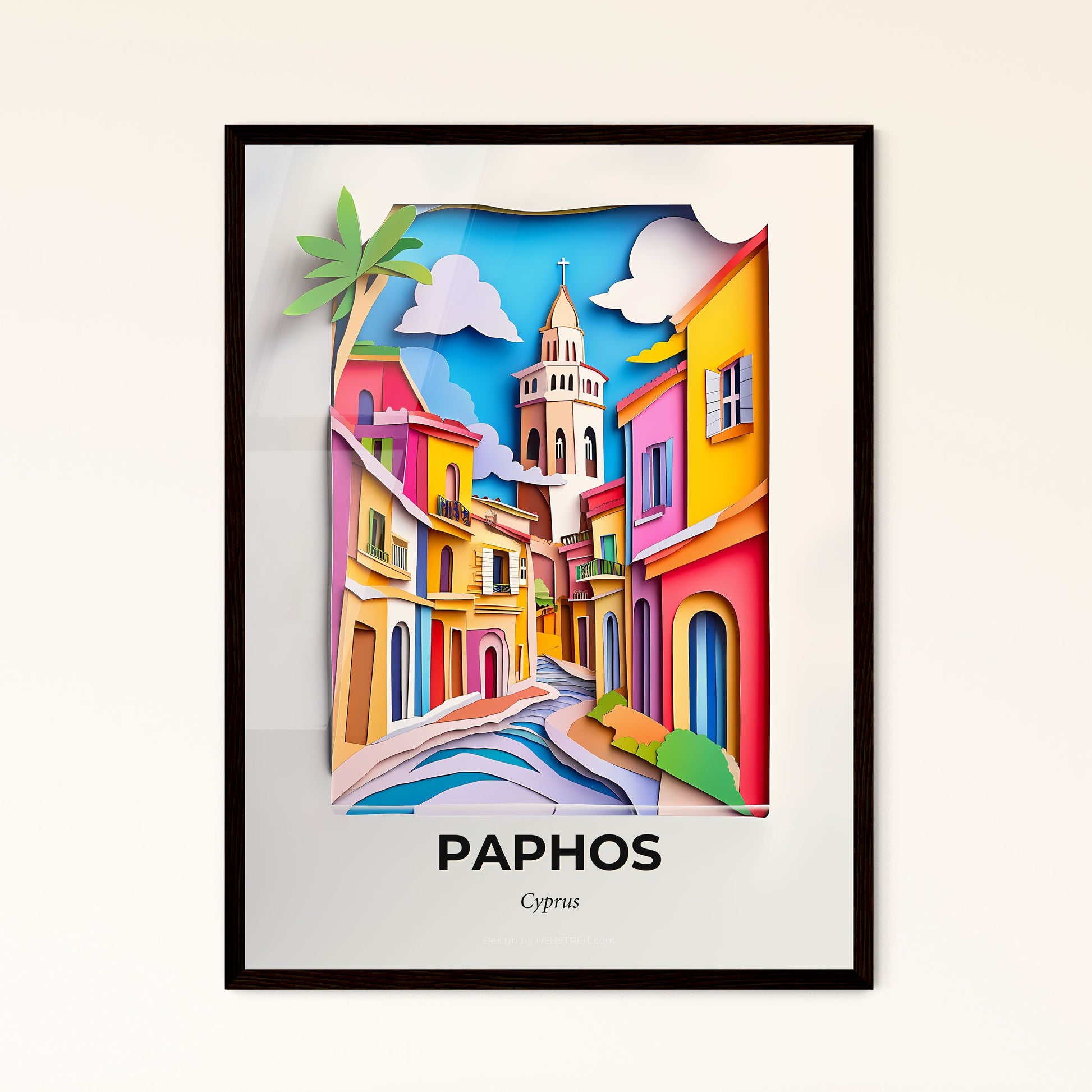 Vivid Paphos, Cyprus - a paper cut of a colorful city with a clock tower