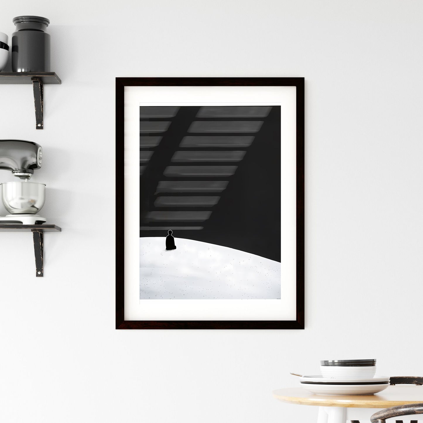 Modern gouache art poster featuring a minimalistic winter scene with a solitary figure on a snowy hill Default Title