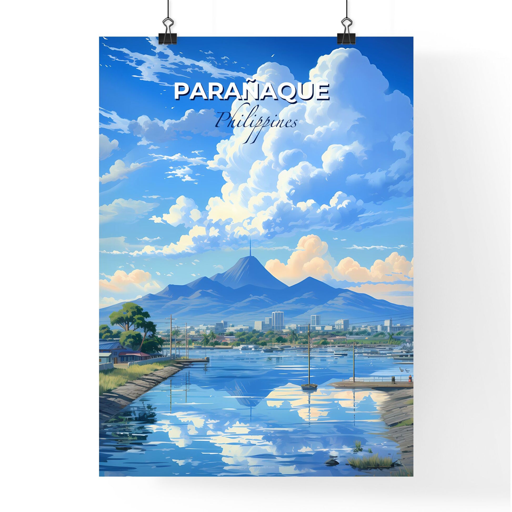 Vibrant Artistic Painting of the Parañaque Philippines Skyline Waterbody & Mountain Default Title