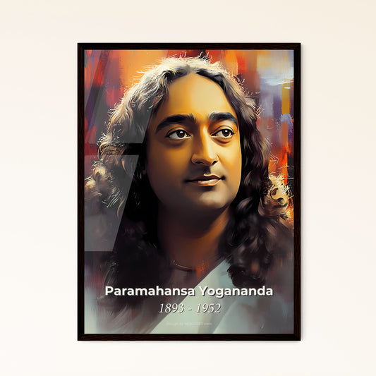 Portrait of Paramahansa Yogananda, 1893 - 1952. Impressionistic painting of a man with long curly hair.