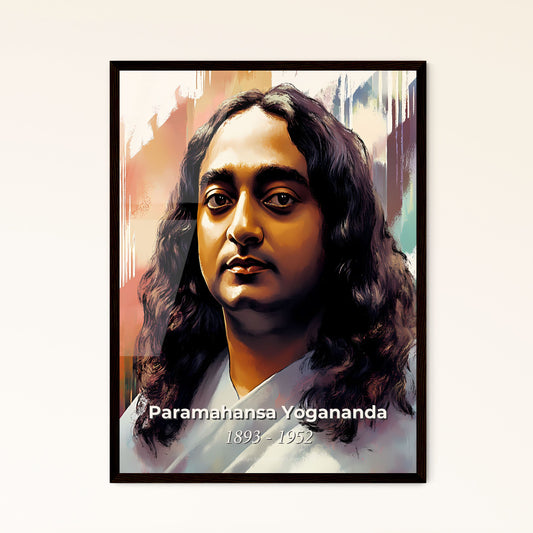 Portrait of Paramahansa Yogananda, 1893 - 1952. Impressionistic painting of a man with long hair.