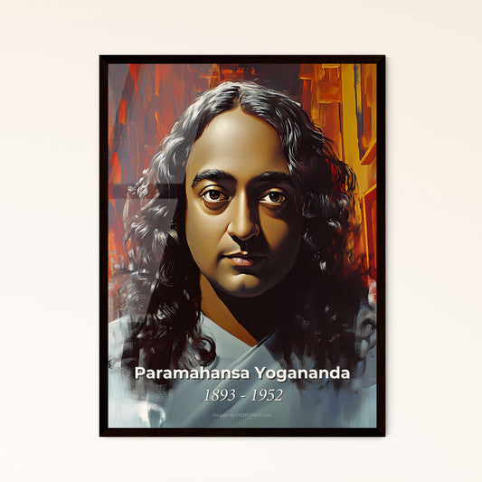 Portrait of Paramahansa Yogananda, 1893 - 1952. Impressionistic painting of a man with long hair wearing a white robe.