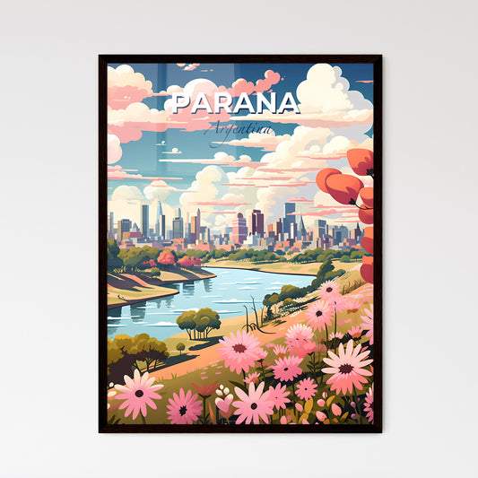 Vibrant Parana Argentina City Skyline Painting with Pink Flowers and Blue River Default Title