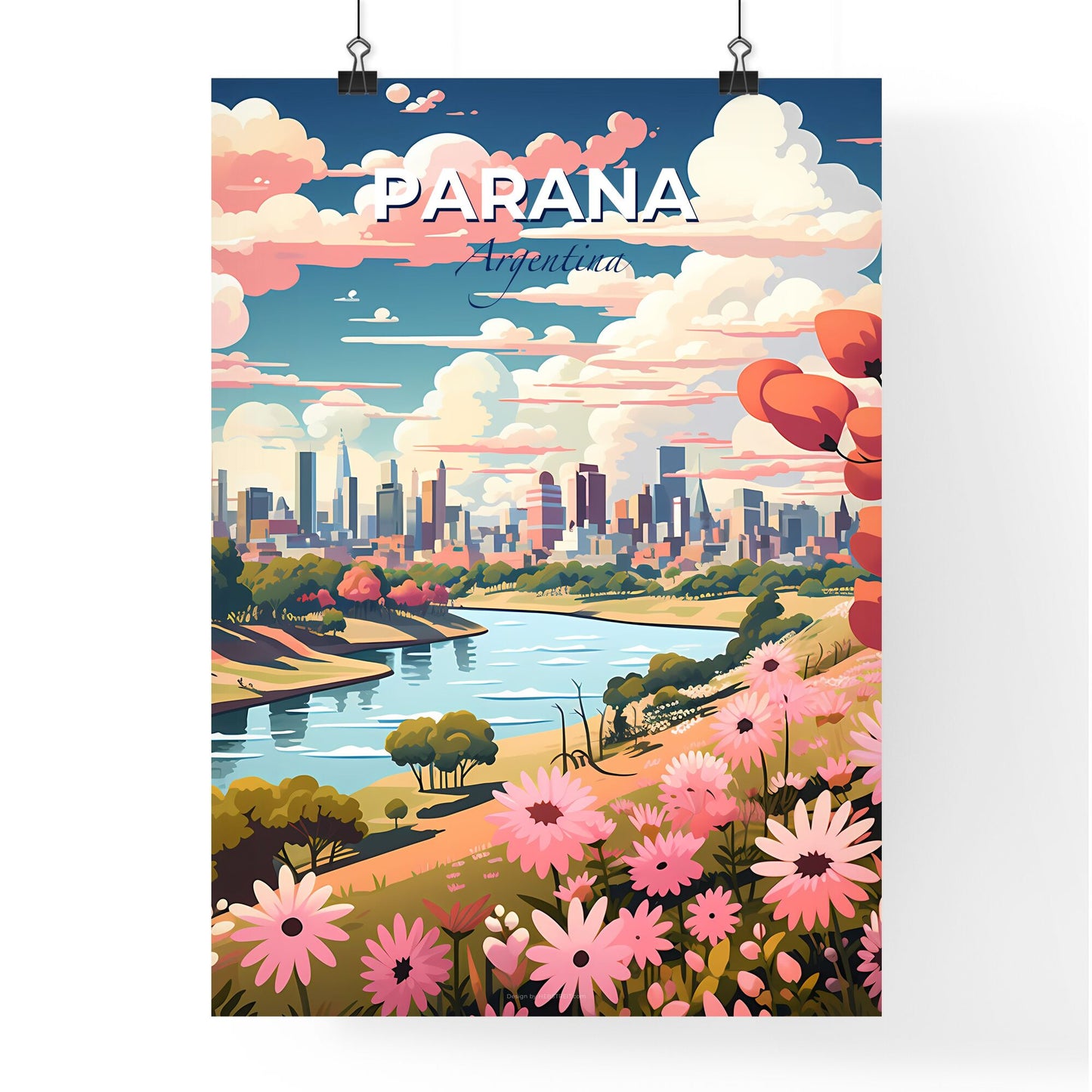 Vibrant Parana Argentina City Skyline Painting with Pink Flowers and Blue River Default Title