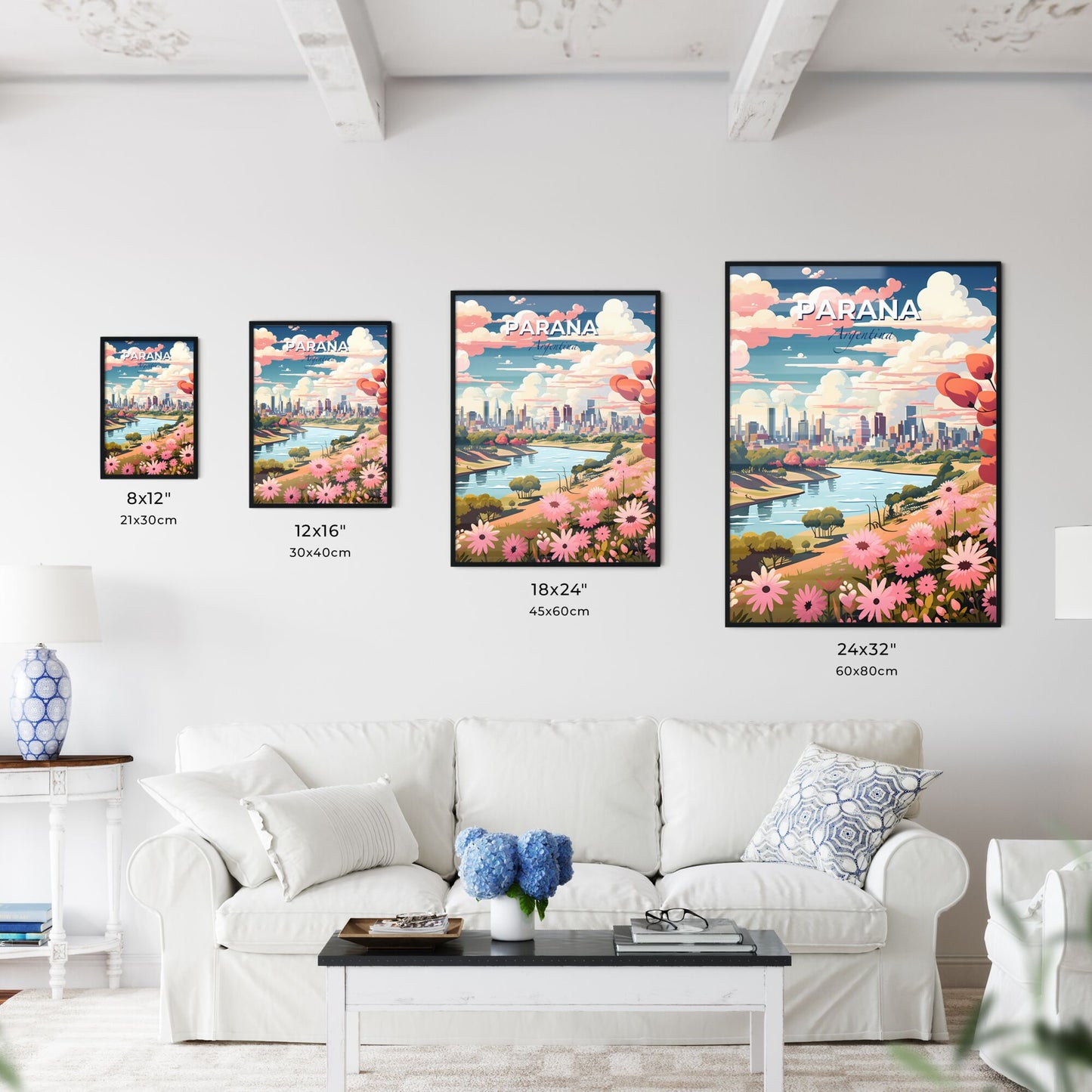 Vibrant Parana Argentina City Skyline Painting with Pink Flowers and Blue River Default Title