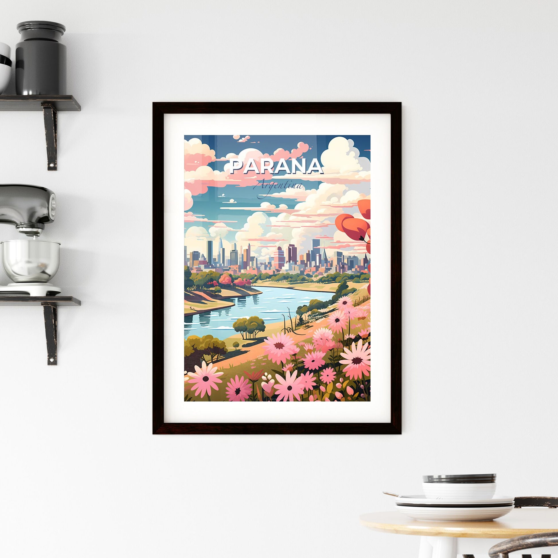 Vibrant Parana Argentina City Skyline Painting with Pink Flowers and Blue River Default Title